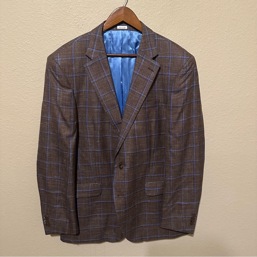 Peter Millar Men’s Brown Windowpane Wool Silk Linen Blend Sport Coat